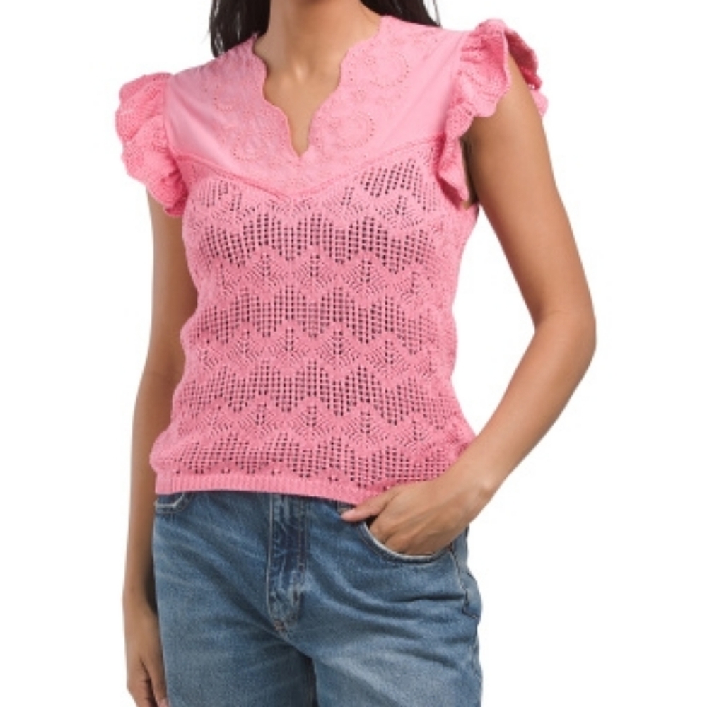 NWT - Adiva Cotton/Acrylic Pink Crochet Sweater with Flutter Sleeves - Size L